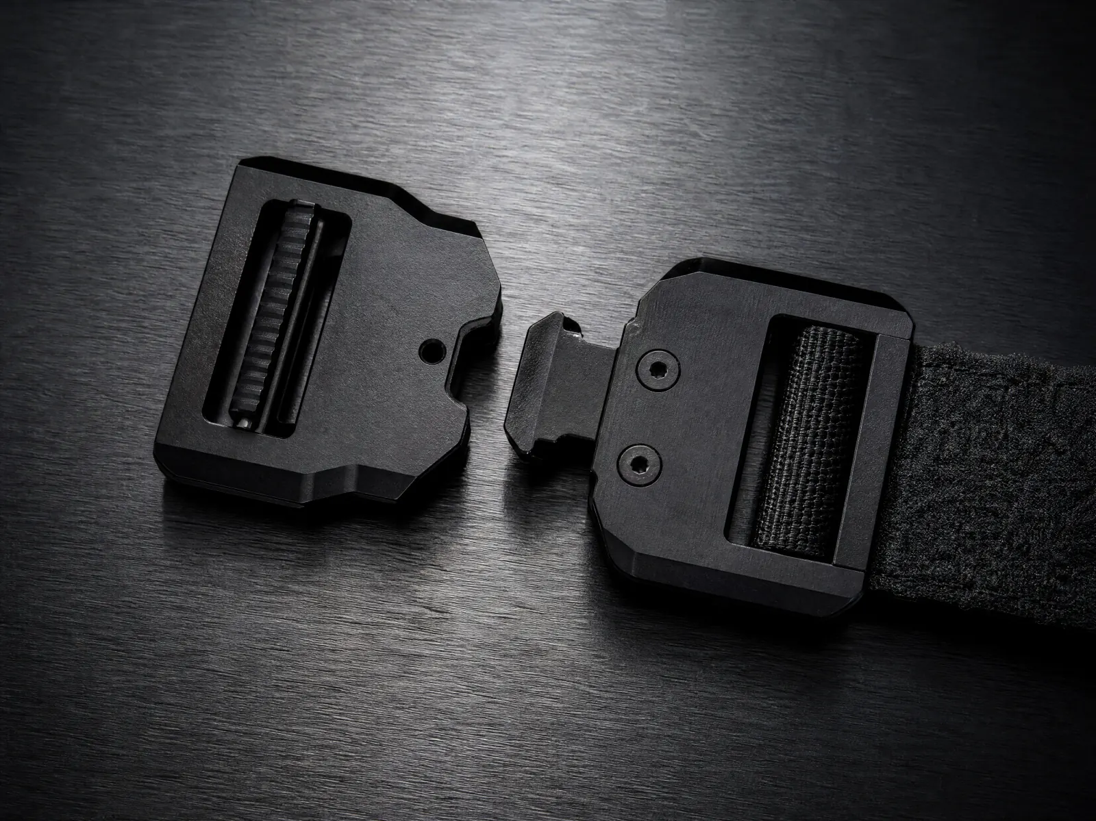 Macro of a machined black anodised aluminium belt clasp on brushed steel